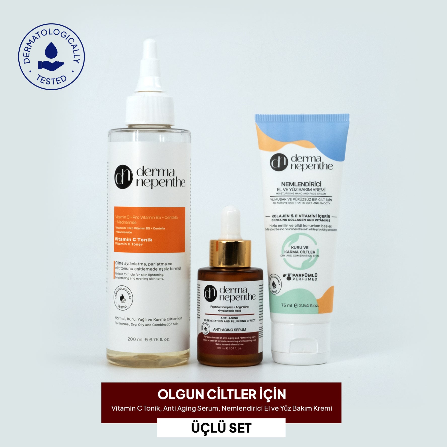 Olgun Ciltler İçin - Vitamin C Tonik, Anti Aging Serum, Nemlendirici El ve Yüz Bakım Kremi 3'lü Set