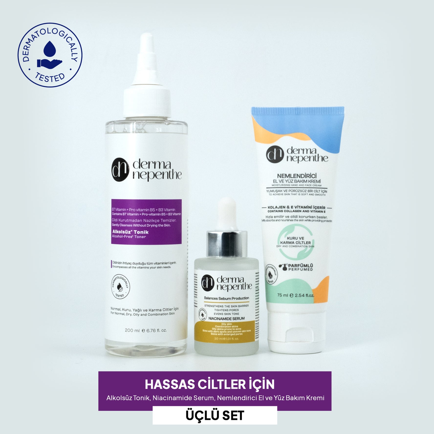 Hassas Ciltler İçin - Alkolsüz Tonik, Niacinamide Serum, Nemlendirici Bakım Kremi 3'lü Set