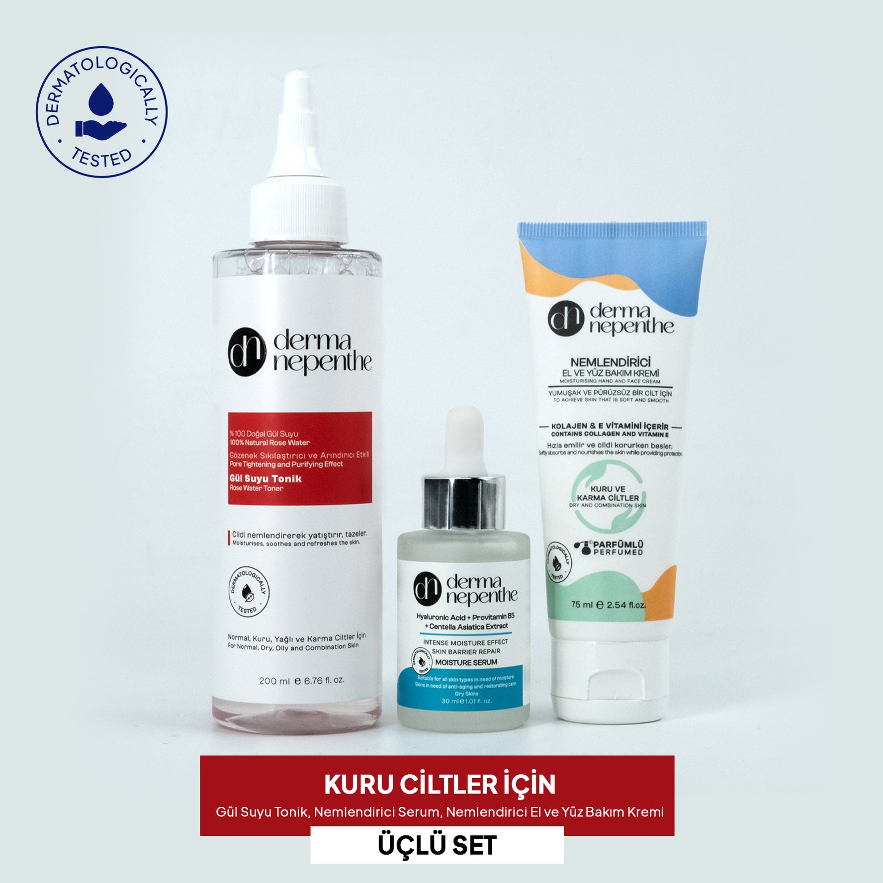 Kuru Ciltler İçin - %100 Gül Suyu Tonik, Nemlendirici Serum, Nemlendirici El ve Yüz Kremi 3'lü Set