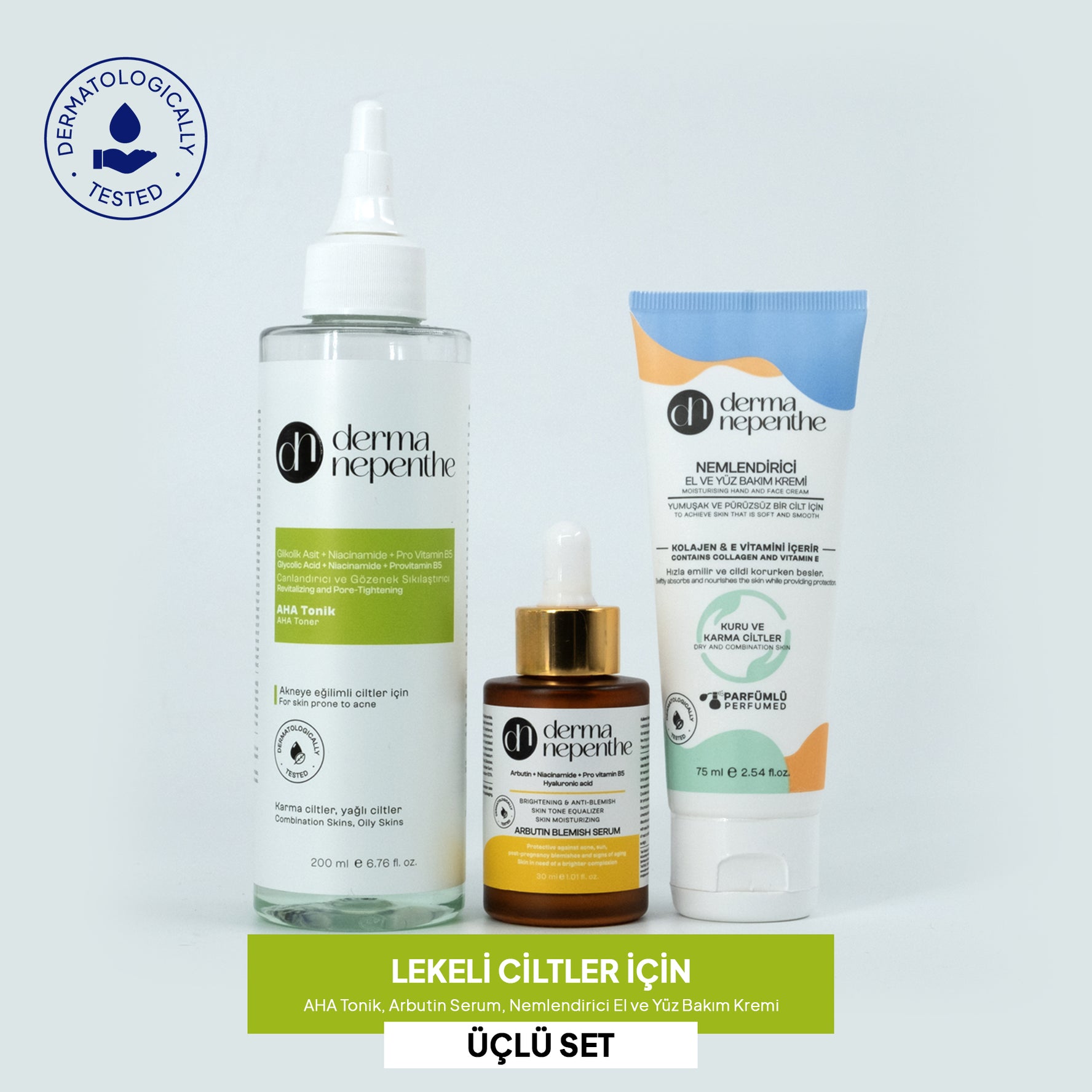 Lekeli ve Lekeye Eğilimli Ciltler İçin - AHA Tonik, Arbutin Serum, Nemlendirici Kremi 3'lü Set